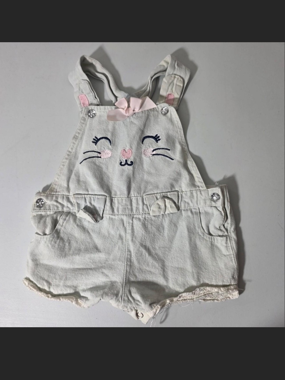 Toddler Cream Bunny Face Overall Shorts with Pink Bow